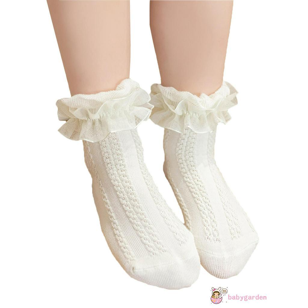 Tất ống ngắn màu trơn chống trượt phối hình dệt kim dành cho bé gái