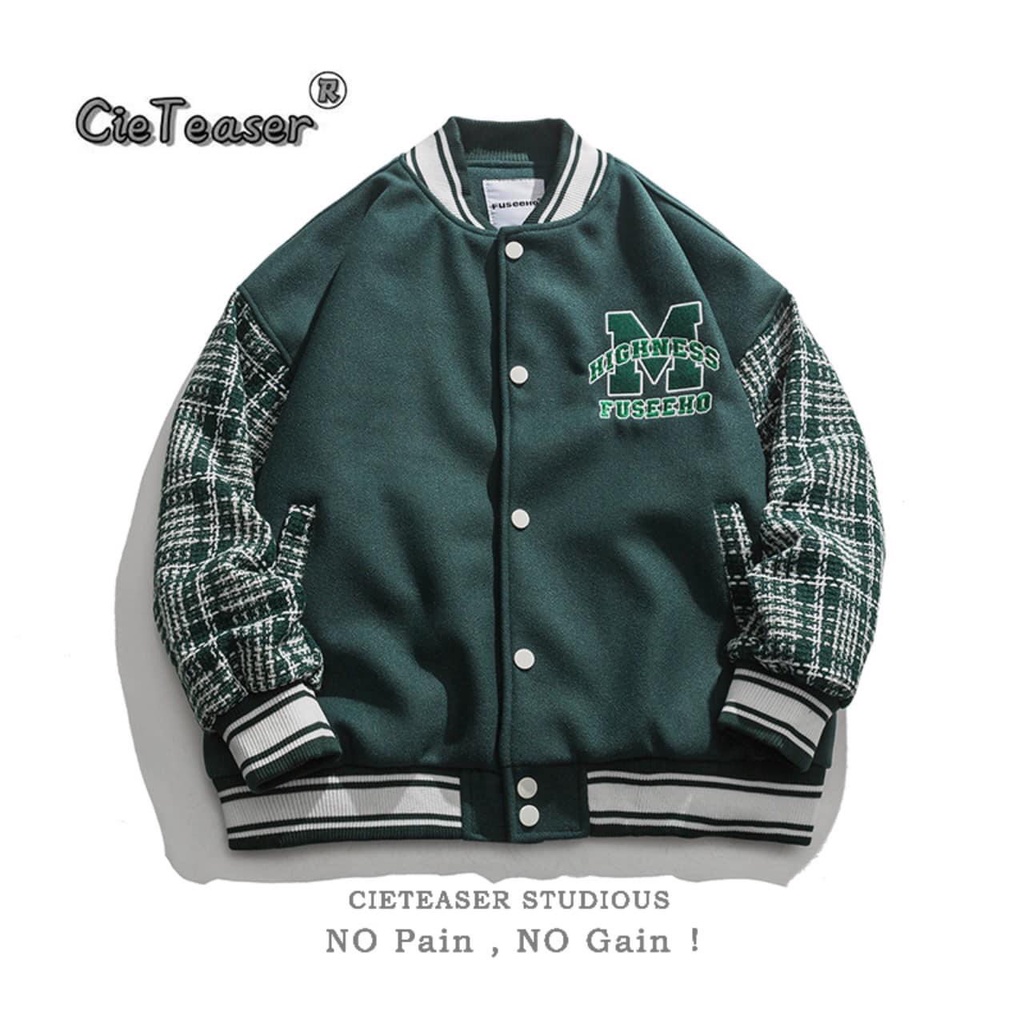 Áo Khoác Nỉ Bomber Tay Phối Kẻ In Chữ M Unisex