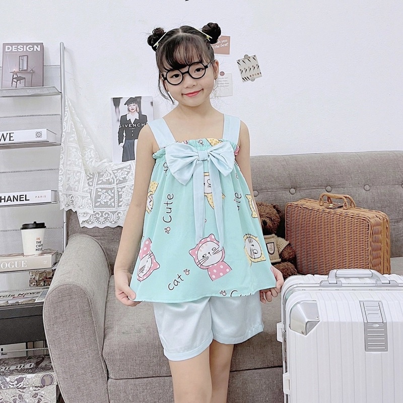 Bộ bé gái từ 16-32kg chất lụa Mago cao cấp❤️Bộ quần áo mặc nhà thiết kế 2 dây bản to phối nơ cho bé gái siêu xinh-M0054