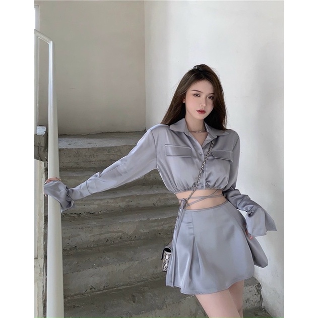 Set lụa xanh áo sơ mi croptop chân váy phong cách hàn quốc VIBES