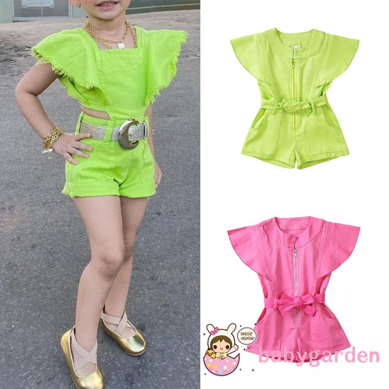 Bộ Áo Liền Quần Tay Cánh Tiên Màu Trơn Có Túi Và Khóa Kéo Cho Bé Gái 1-5 Tuổi