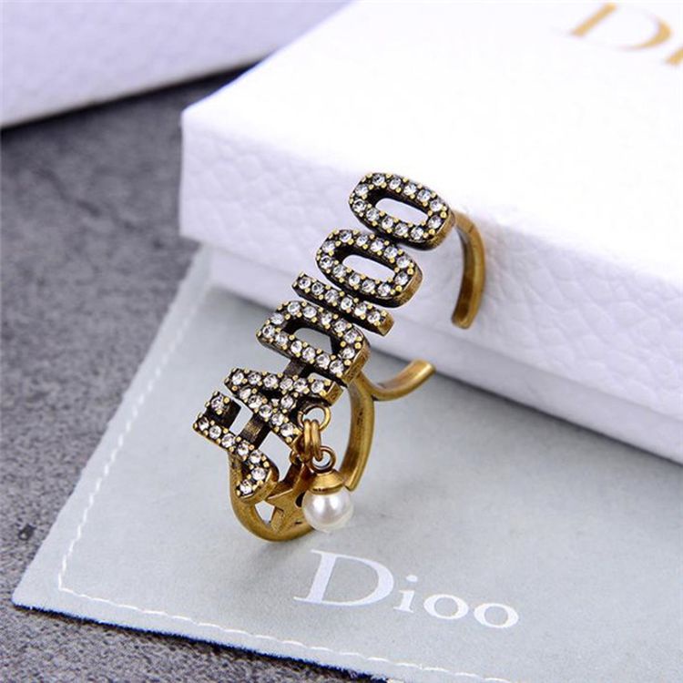 DIOR retro mới hai ngón tay nhẫn, nhẫn kim cương chữ cái, ngọc trai năm cánh nhẫn ngôi sao