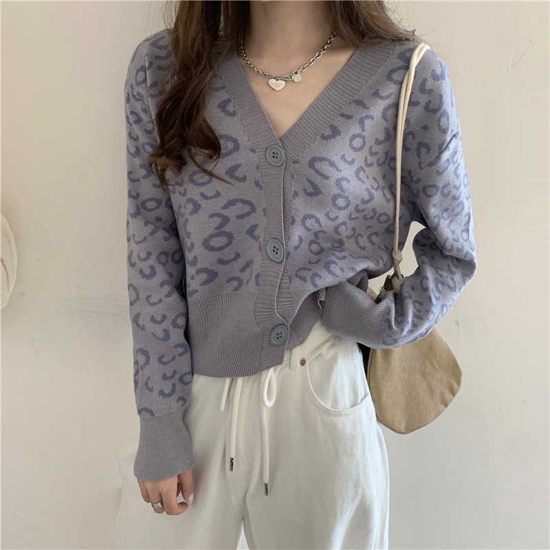 Áo Khoác Cardigan Dệt Kim Cổ Chữ V Hoạ Tiết Da Báo Thời Trang Mùa Đông