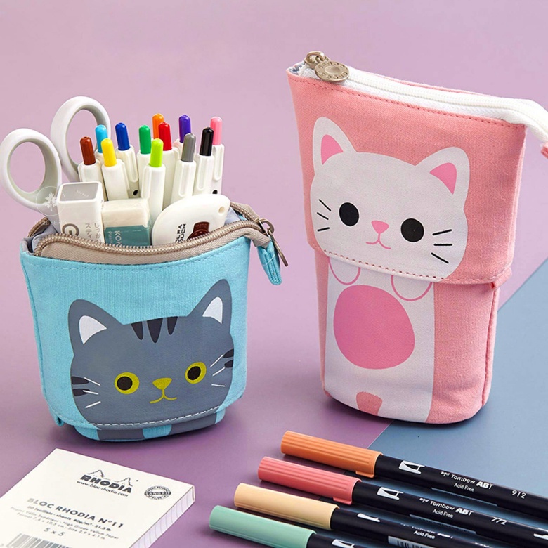 Hộp đựng bút có thể đứng bằng canvas hình mèo dễ thương
