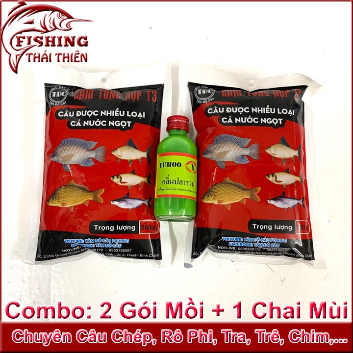 Combo 2 Gói Mồi Câu Cám Tổng Hợp T3 , 1 Chai Tinh Mùi Câu Cá Tổng Hợp Thái Lan