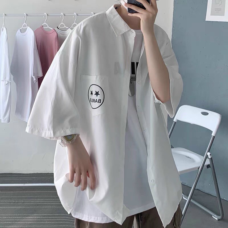 Áo sơ mi tay lỡ In Mặt Cười unisex kaki form rộng Quốc Dân nam nữ fullsize ulzzang