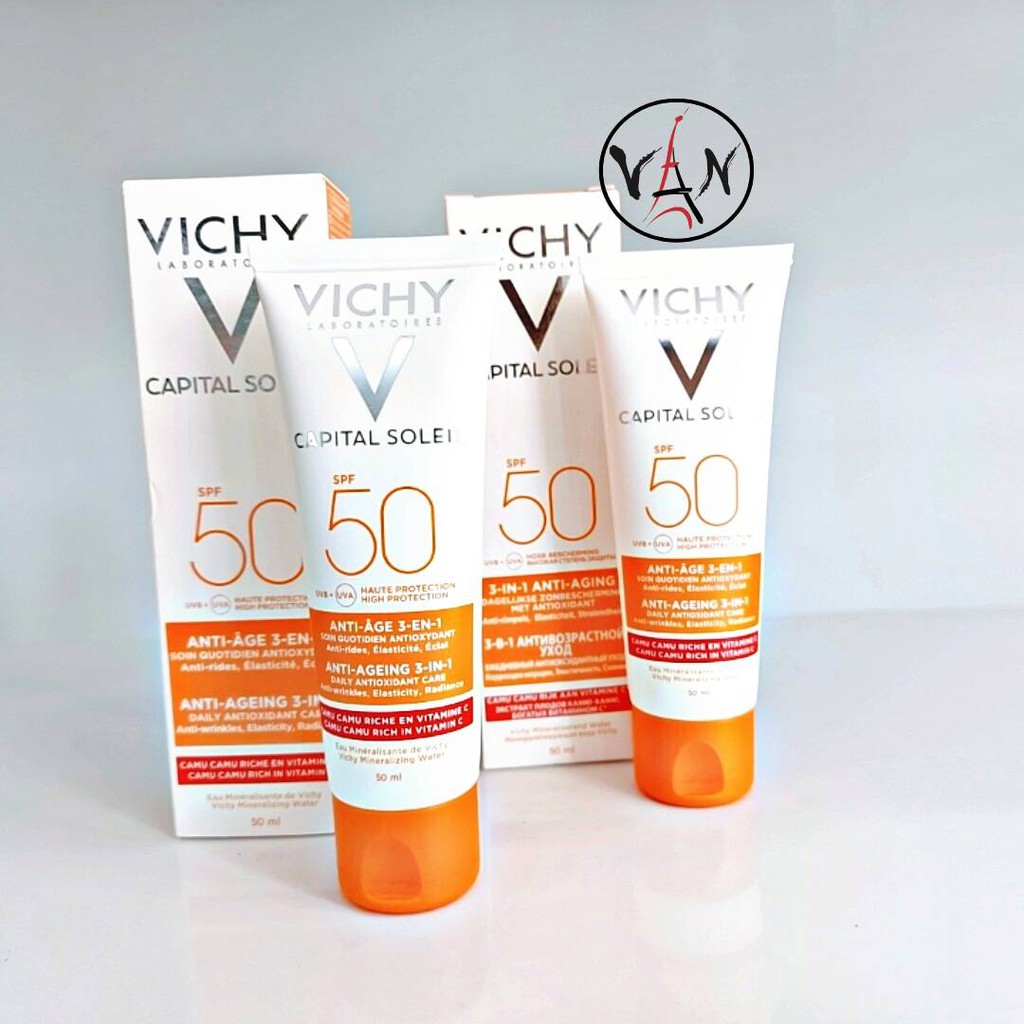 [ Vichy] Kem chống nắng ngăn ngừa dấu hiệu lão hóa da vichy capital soleil anti-ageing 3-in-1 spf 50+ 50ml