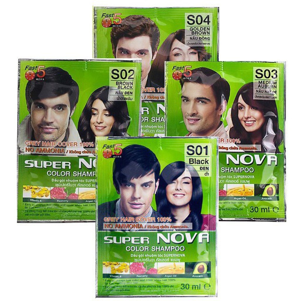 [1gói] Dầu Gội Nhuộm Tóc Thảo Dược Phủ Bạc Super Nova Màu Đen, Nâu Đồng, Nâu Hạt Dẻ, Nâu Đen