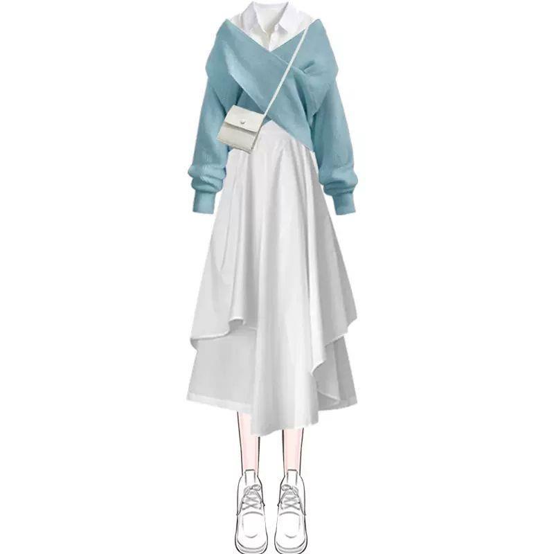 Bộ Áo sweater + Áo Sơ Mi + Chân Váy + Áo Khoác Thời Trang Hàn Quốc 2022 Dễ Thương Cho Nữ
