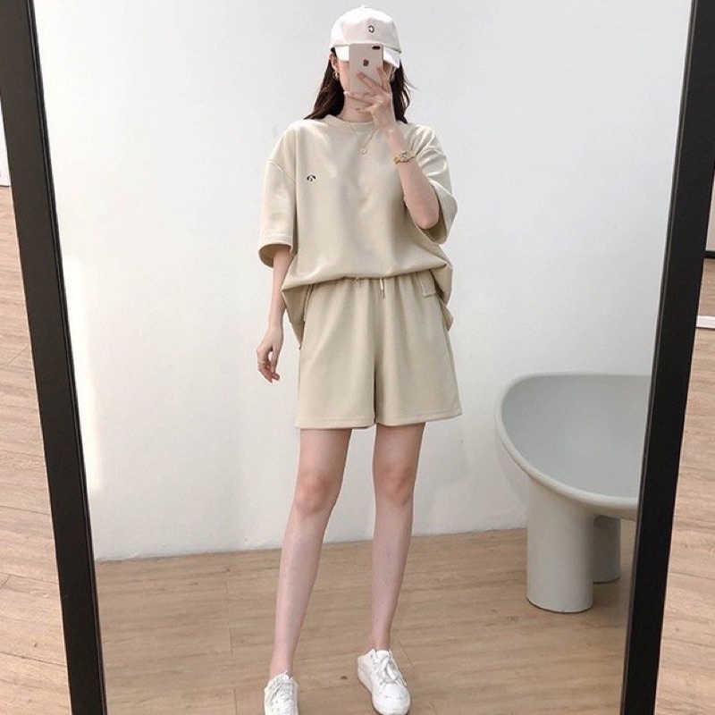 [Hàng Có Sẵn, Ảnh Thật]Set Thun Tay Lỡ Tổ Ong Unisex Thêu Hình Mặt Cún Bộ Áo Phông Form Rộng Cộc Tay Kèm Quần Short Hot