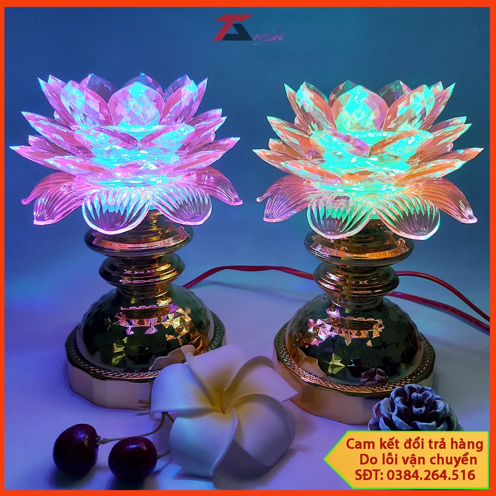 CẶP ĐÈN HOA SEN THỜ CÚNG SÁNG NHIỀU MÀU, THỜ CÚNG, THỜ TƯỢNG QUAN ÂM, PHẬT GIÁO