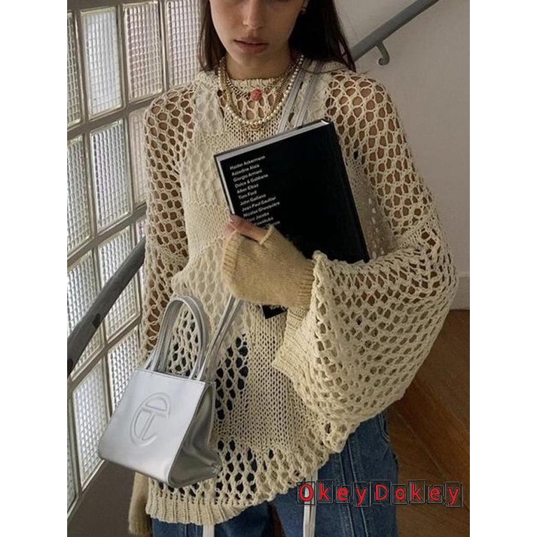 Okdk-áo Thun Dệt Kim Cỡ Lớn Khoét Rỗng Xuyên Thấu Phong Cách Harajuku Grunge Retro Cho Nữ