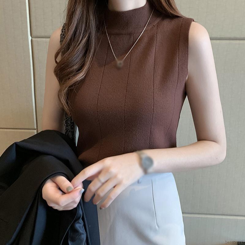 Áo dệt kim không tay cổ lọ thời trang đơn giản dễ phối đồ