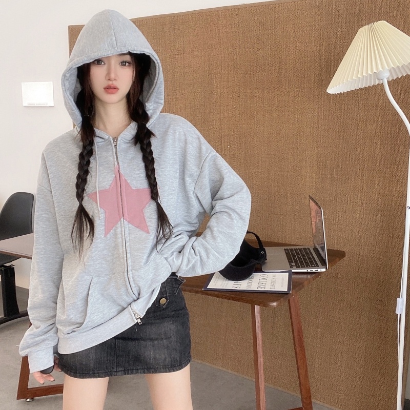 ZHELIHANGFEI Áo Khoác Hoodie Tay Dài Có Khóa Kéo Đôi Phong Cách Preppy Mỹ