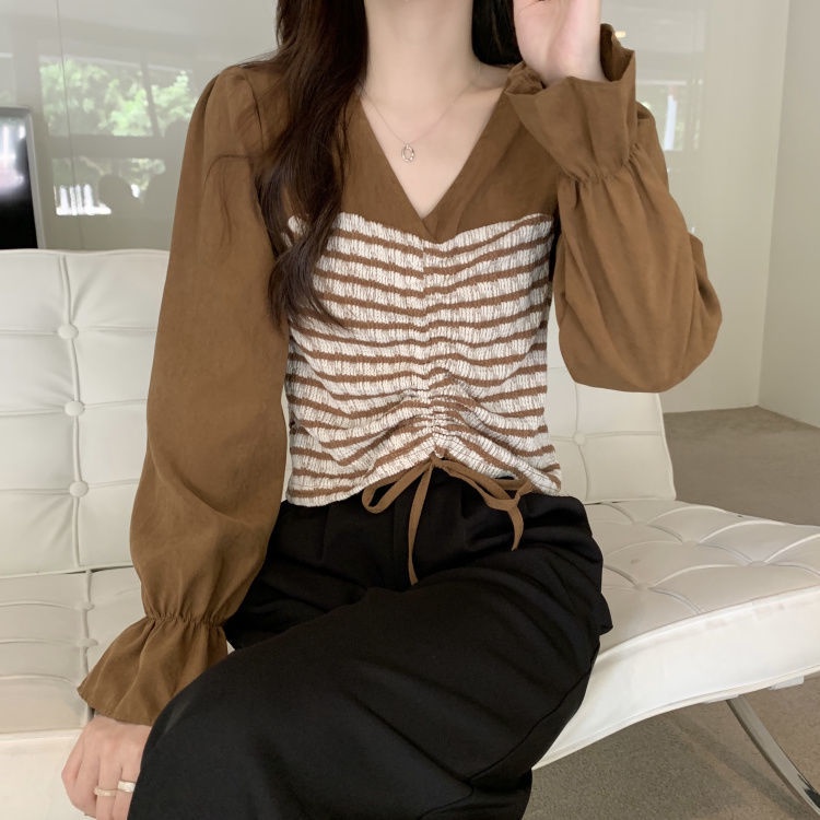 Áo Kiểu Tay Dài Cổ Chữ v Kẻ Sọc Phối Dây Rút Xếp Ly Thời Trang Mùa Thu