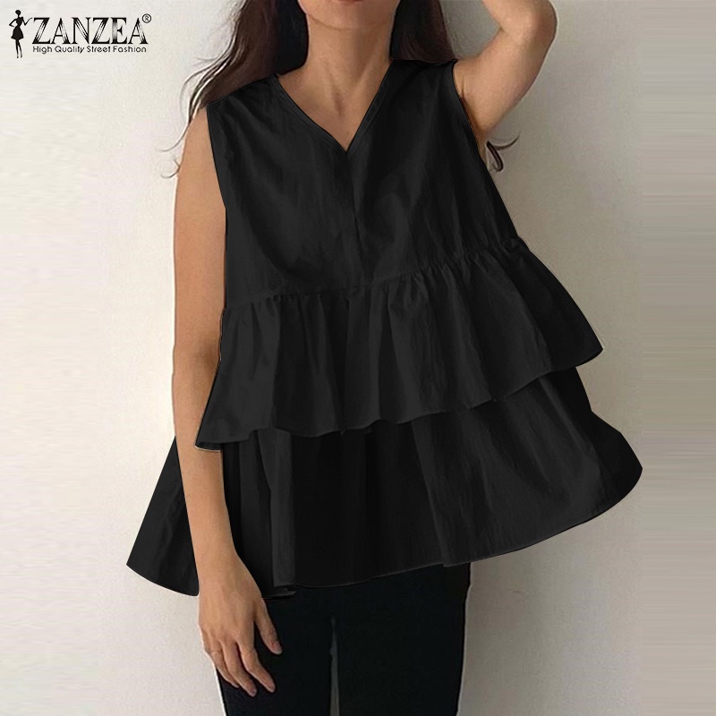 Áo kiểu ZANZEA không tay dáng rộng cổ chữ V màu trơn phong cách nhiều lớp thời trang dành cho nữ