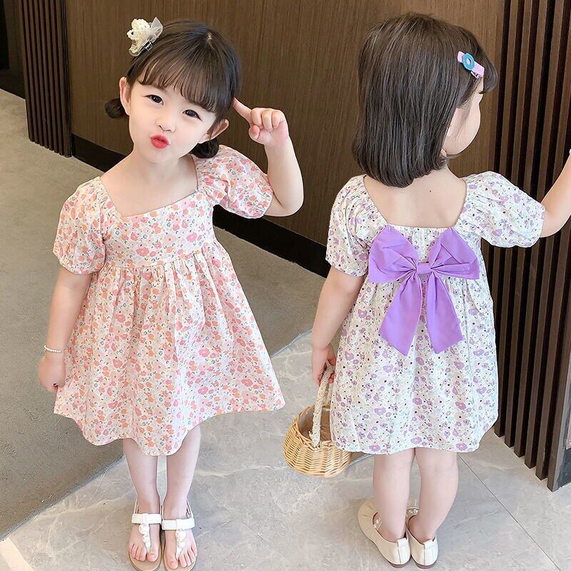 Đầm Công Chúa Tay Phồng Cổ Vuông Đính Nơ In Họa Tiết Hoa Dễ Thương Thời Trang Mùa Hè Cho Bé Gái 2-6 Tuổi