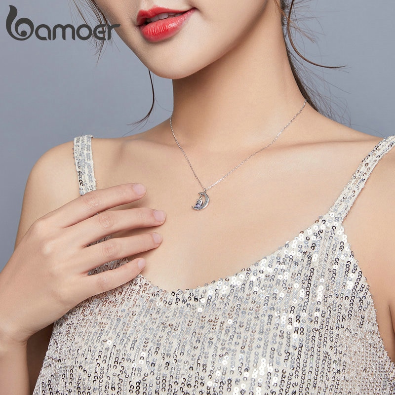 Dây chuyền Bamoer SCN410 bạc 925 CZ thiết kế kiểu kỳ lân trên cung trăng thời trang làm quà tặng cho nữ
