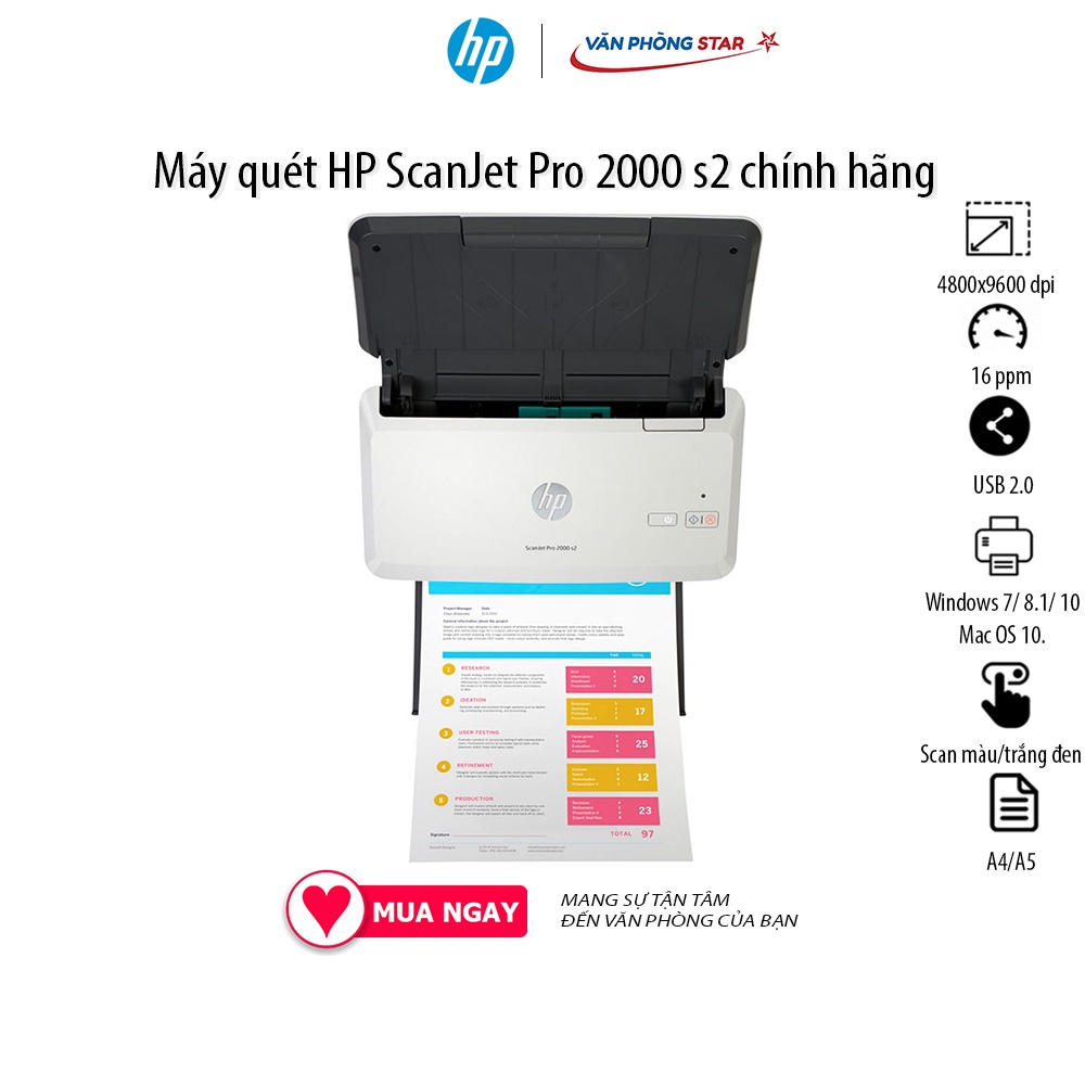 Máy quét / Scanner HP 2000 S2 (6FW06A) Độ phân giải 600 dpi, Tốc độ Lên đến 35 ppm/70 ipm, Máy scan dạng nạp Giấy rời