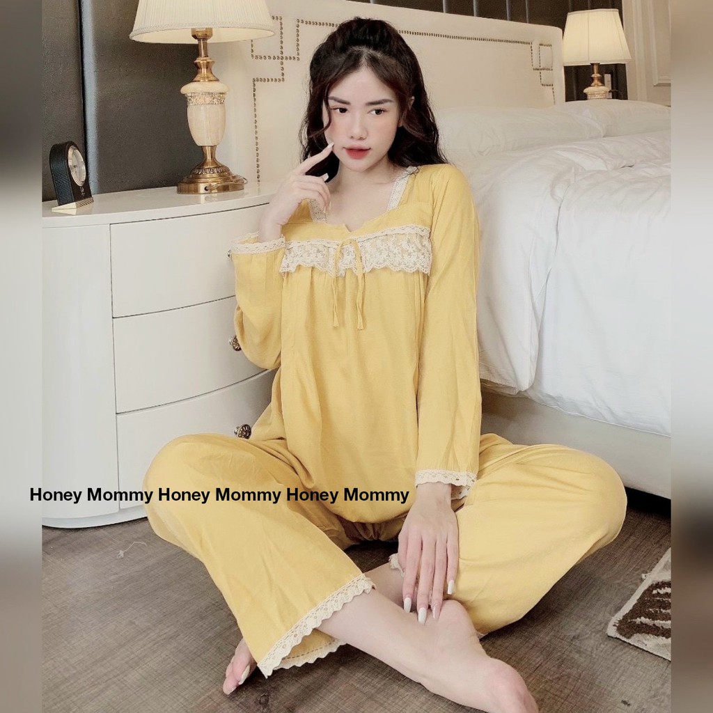 Bộ Bầu Và Sau Sinh Cho Con Bú Dài Tay Chất Cổ Phối Ren Chất Đũi Lạnh HT4615 Honey Mommy