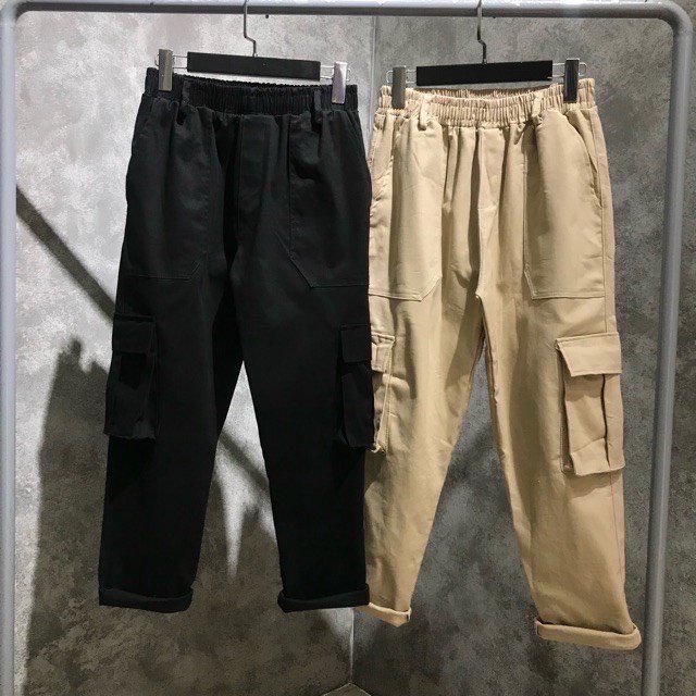 Quần Kaki Nam Nữ TÚI HỘP BOX PANTS Unisex - Kiểu quần Baggy kaki thun co dãn đen và tan be