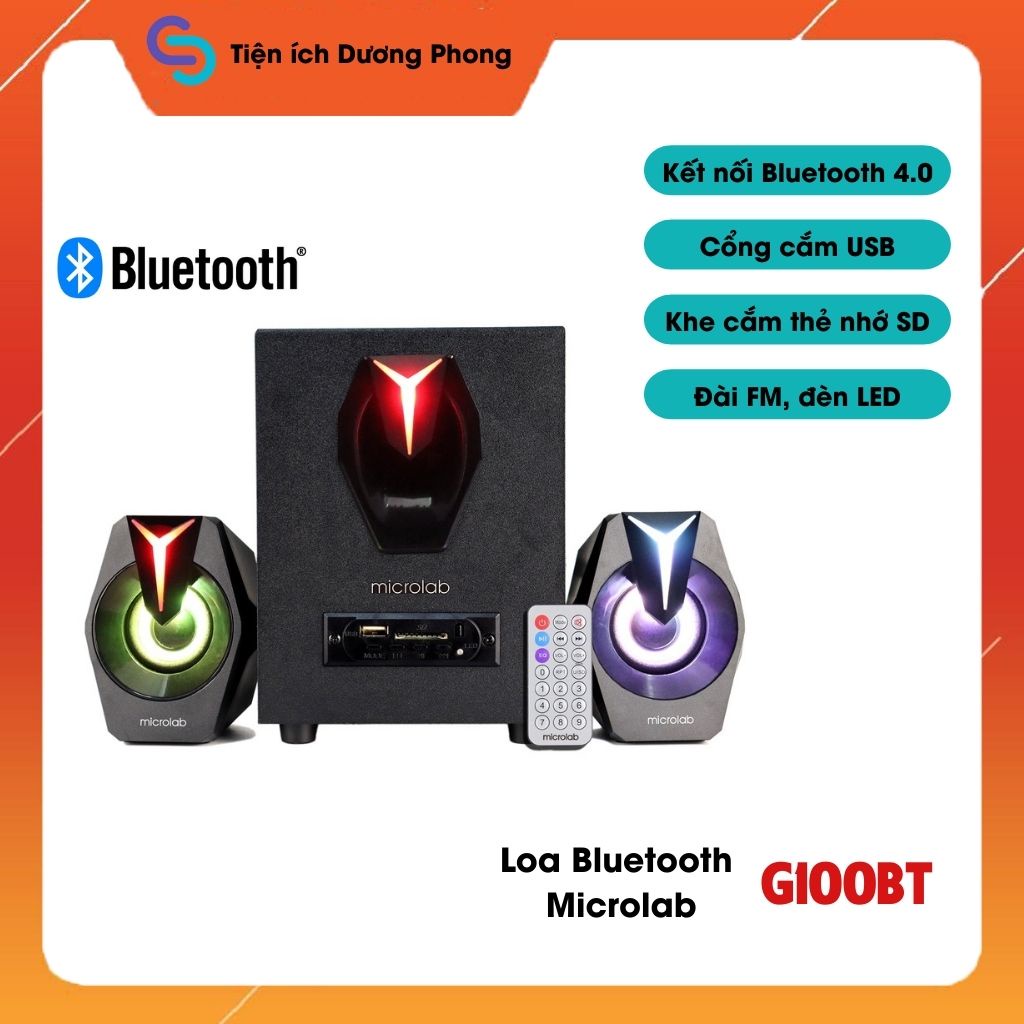 Loa vi tính Microlab G100BT 2.1 Kết nối Bluetooth 4.0, Có điều khiển từ xa, Cổng USB, SD, Đài FM, Đèn LED thời trang