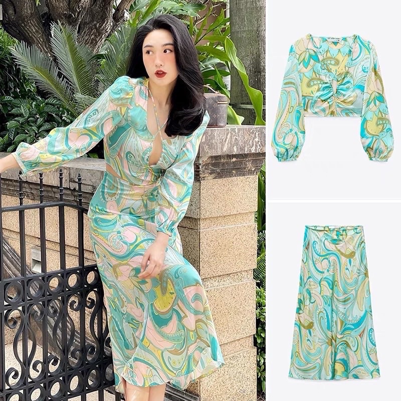 Sét váy lụa hoạ tiết xanh hàng xuất dư ( Hàng order taobao)