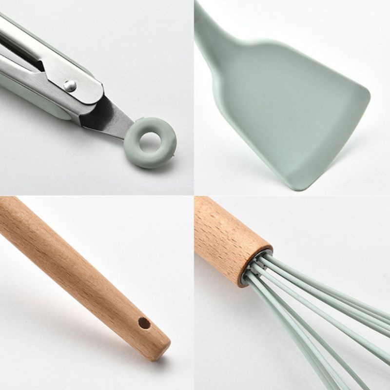 Dụng cụ nấu ăn bằng silicon có tay cầm gỗ không độc hại tiện lợi