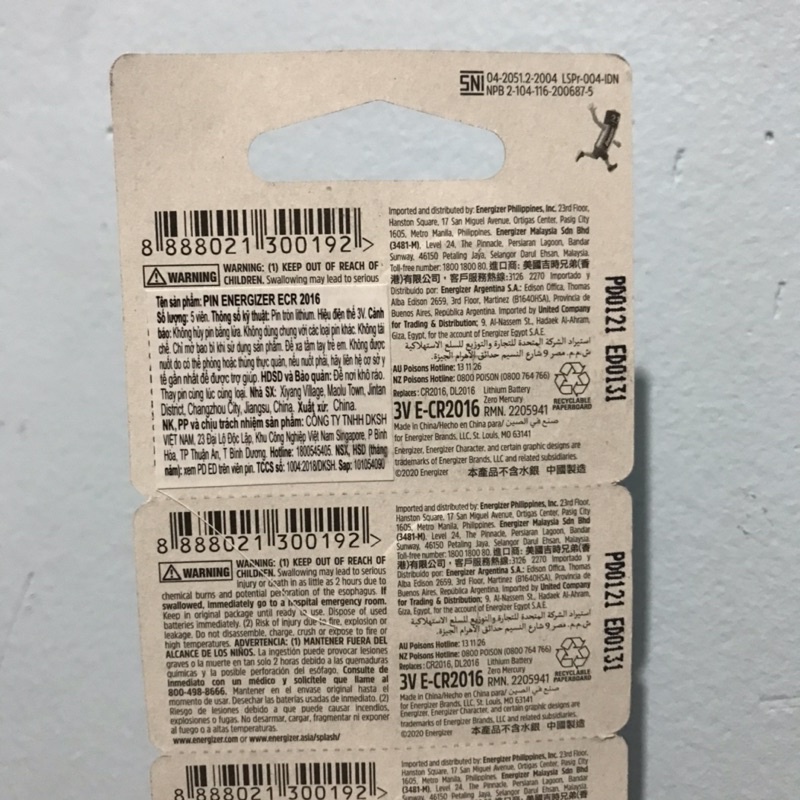 Pin 3V ENERGIZER CR2016 Lithium dùng cho Smarkey, điều khiển, thiết bị vi tính... Vỉ 5 Viên