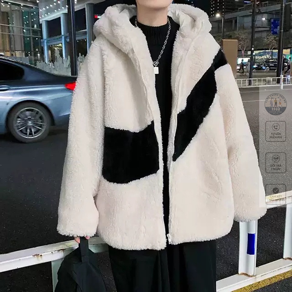 Áo Khoác Lông Cừu Phối Màu Đen Trắng, Áo Hoodie Lông Cừu Unisex Dáng Rộng