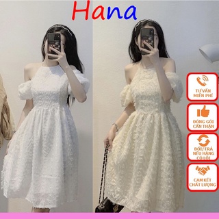 Váy cổ yếm trễ vai lông vũ cao cấp cực xinh - Đầm yếm tay bồng lông vũ hai màu kiều nữ 2 lớp babydoll - Hana32
