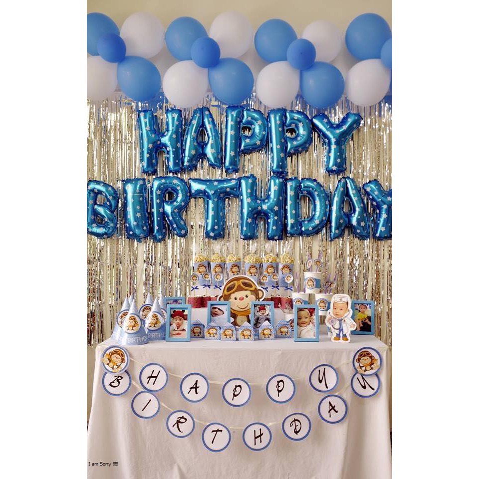 Set chữ Happy Birthday+ 2 rèm kim tuyến+ 50 bóng nhũ+ 2 ngôi sao,bơm,keo, ruy băng