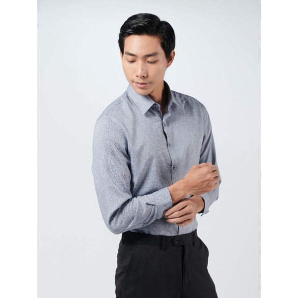 Áo sơ mi dài tay nam OWEN AS220797D công sở Chất Liệu Polyester cao cấp Màu ghi melange sọc navy Dáng Slim Fit Không Túi