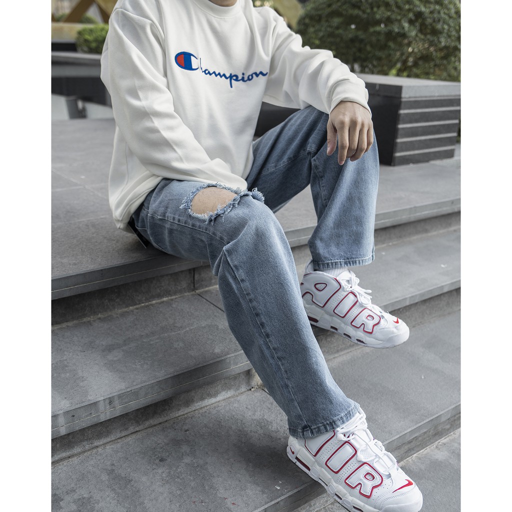 Quần Baggy Ống Suông Đứng Rách Gối To - Chất Vải Jeans Cao Cấp Mềm Mịn - Unisex Nam Nữ Hot Trend Dễ Phối Đồ -  Màu Xanh
