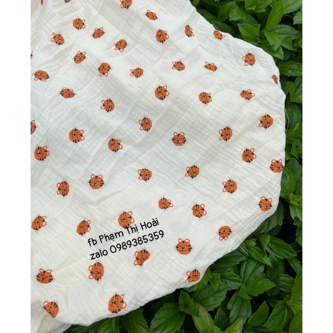 vải xô muslin 2 lớp cao cấp hàng loại 1 mềm mịn hình đầu hổ cam nền be may quần áo,khăn tắm cho bé trai