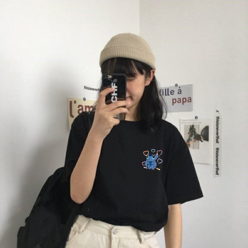 Áo thun tay lỡ  Stitch Tim  phông Unisex nam nữ tee oversize form rộng pull Ulzzang Streetwear Hàn Quốc vải mềm