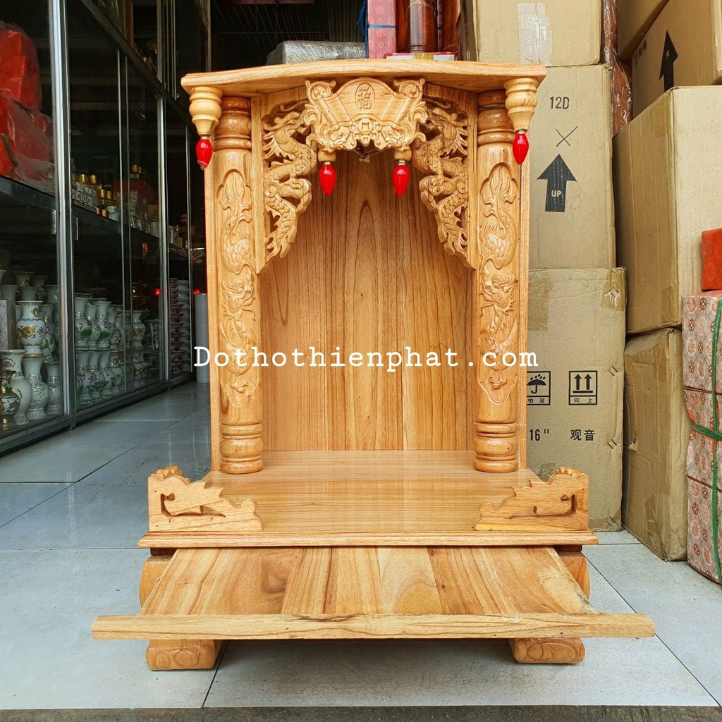 Bàn thờ thần tài ông địa gỗ xoan ngang 48 cm quỳ hộp hàng đẹp