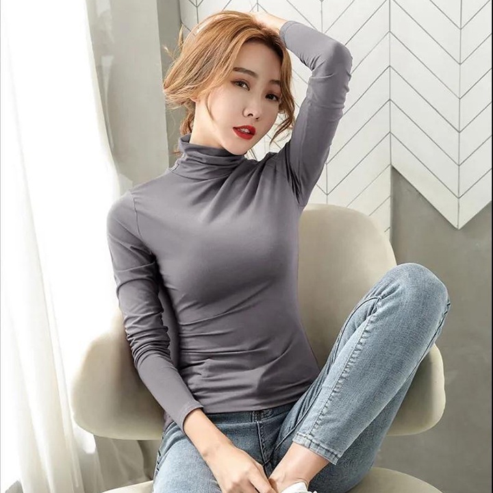 Áo thun áo giữ nhiệt Nữ lót Nỉ cổ 3 phân Chất Cotton co giãn Phong cách Hàn Quốc Trẻ Trung Năng Động