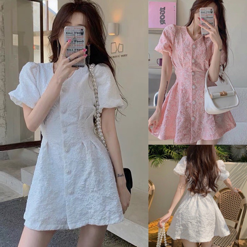 [Order] Váy trắng hoa gấm cúc cài tay bồng. Đầm xoè đi tiệc dáng ngắn hình thật cuối