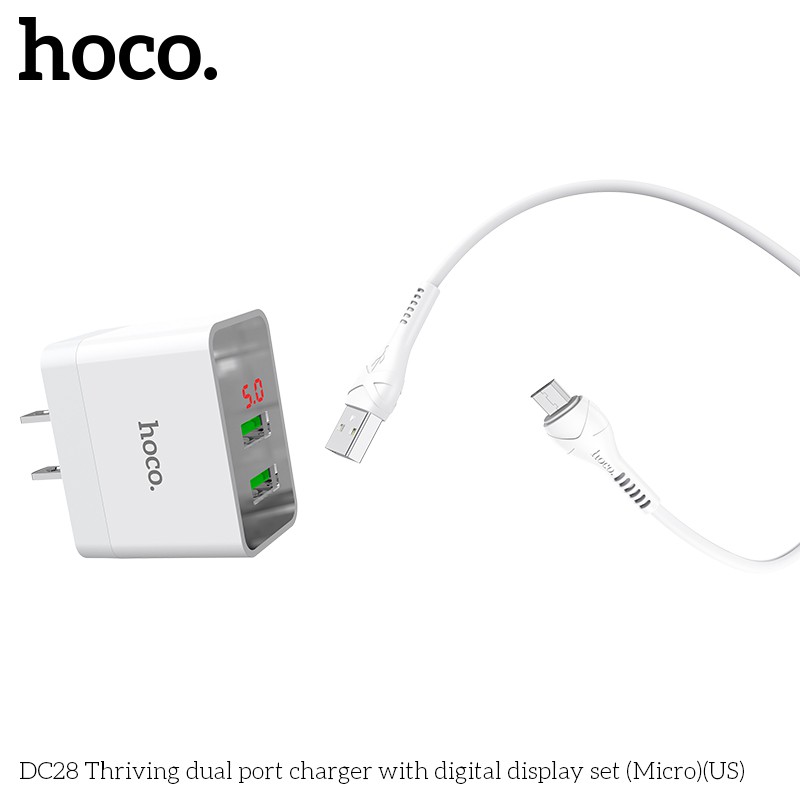 Bộ sạc nhanh Hoco DC28 màn hình led 2 cổng USB cáp Micro Usb 1m -Dành cho thiết bị Android