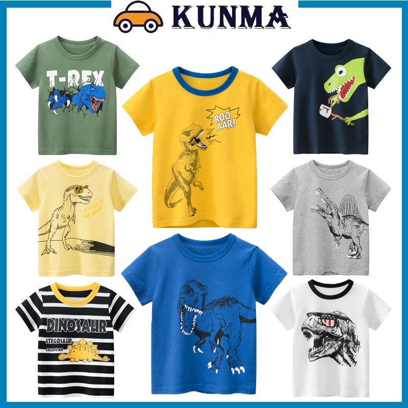 Áo phông cho bé trai cộc tay KUNMA Áo thun trẻ em mùa hè chất cotton xuất dư khủng long cho bé 2 - 8 tuổi