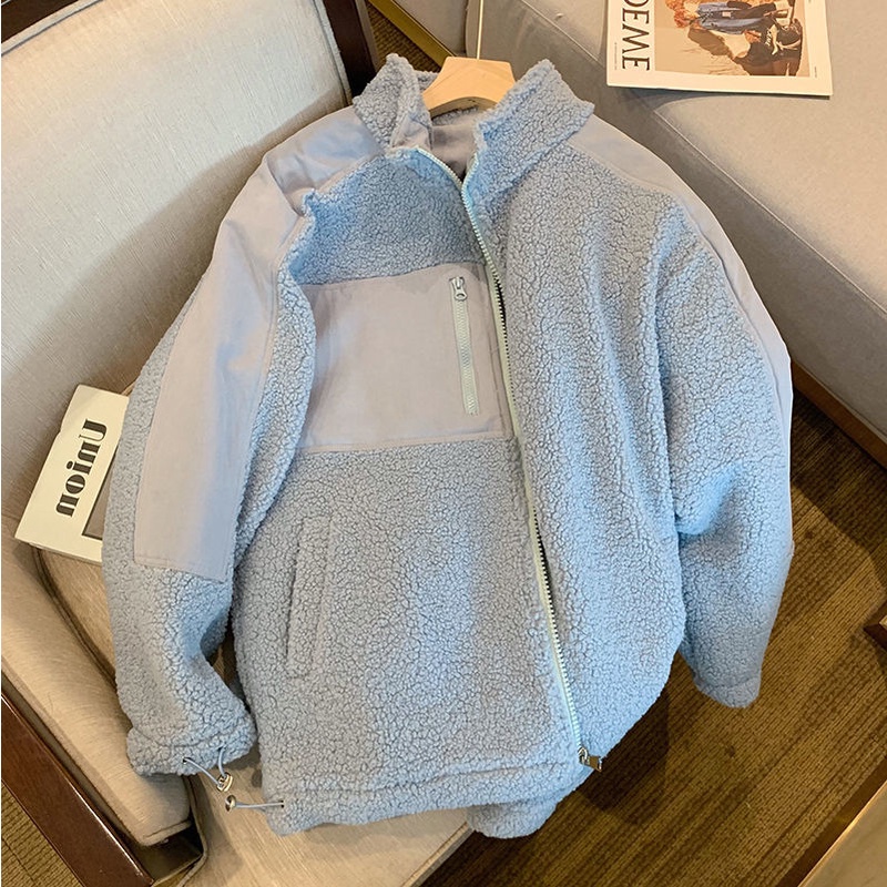 Áo Khoác Cardigan Cotton Lót Lông Cừu Dày Dặn Màu Xanh Sữa Phong Cách Hàn Quốc Thời Trang Mùa Đông Cho Cặp Đôi