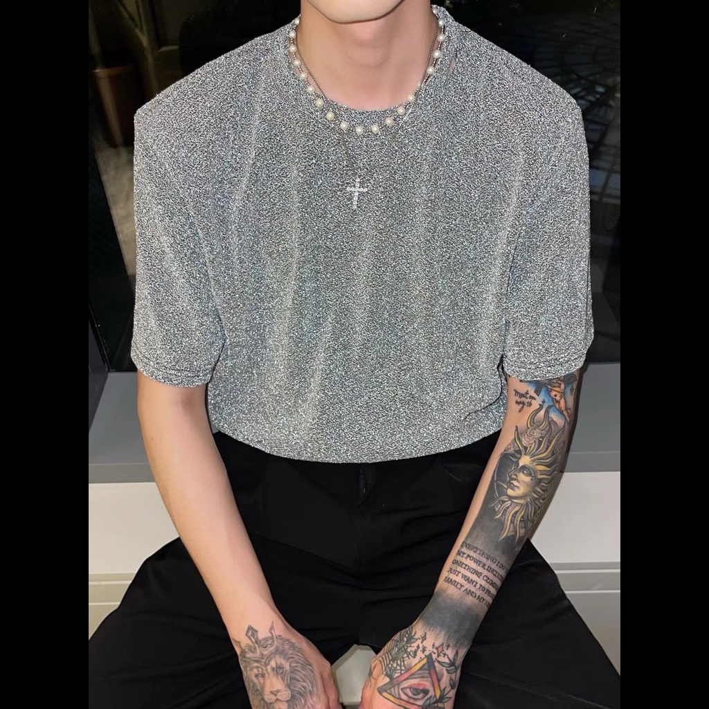 Áo thun nam lấp lánh, sang trọng vải dệt kim tuyến form rộng unisex