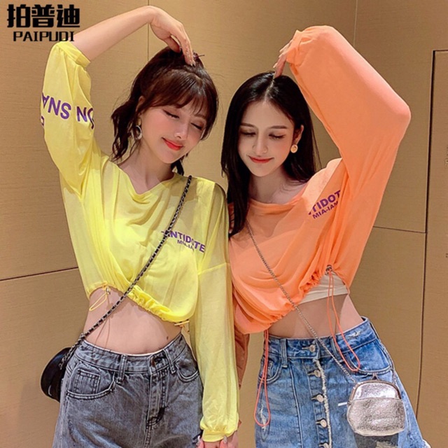 Áo dài tay voan croptop rút dây màu cam