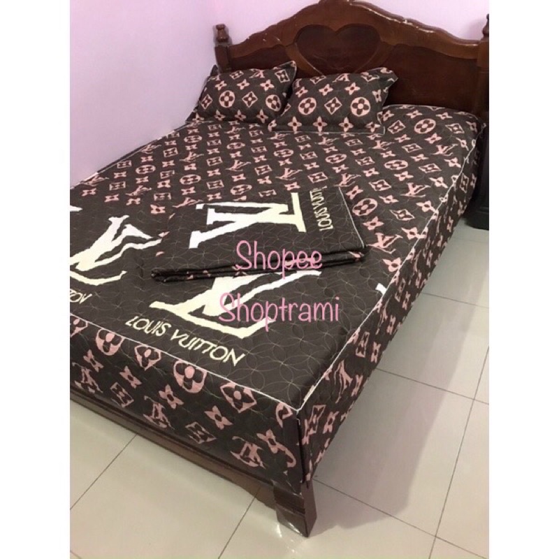 Bộ chăn ga gối 5 món cotton poly mẫu LV nâu đủ size