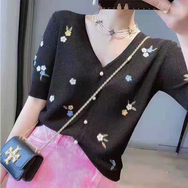 Áo Cardigan Tay Ngắn Cổ Chữ V Dáng Rộng Thêu Hoa Phong Cách Hàn Quốc Thời Trang Mùa Hè Mới 2021 | BigBuy360 - bigbuy360.vn