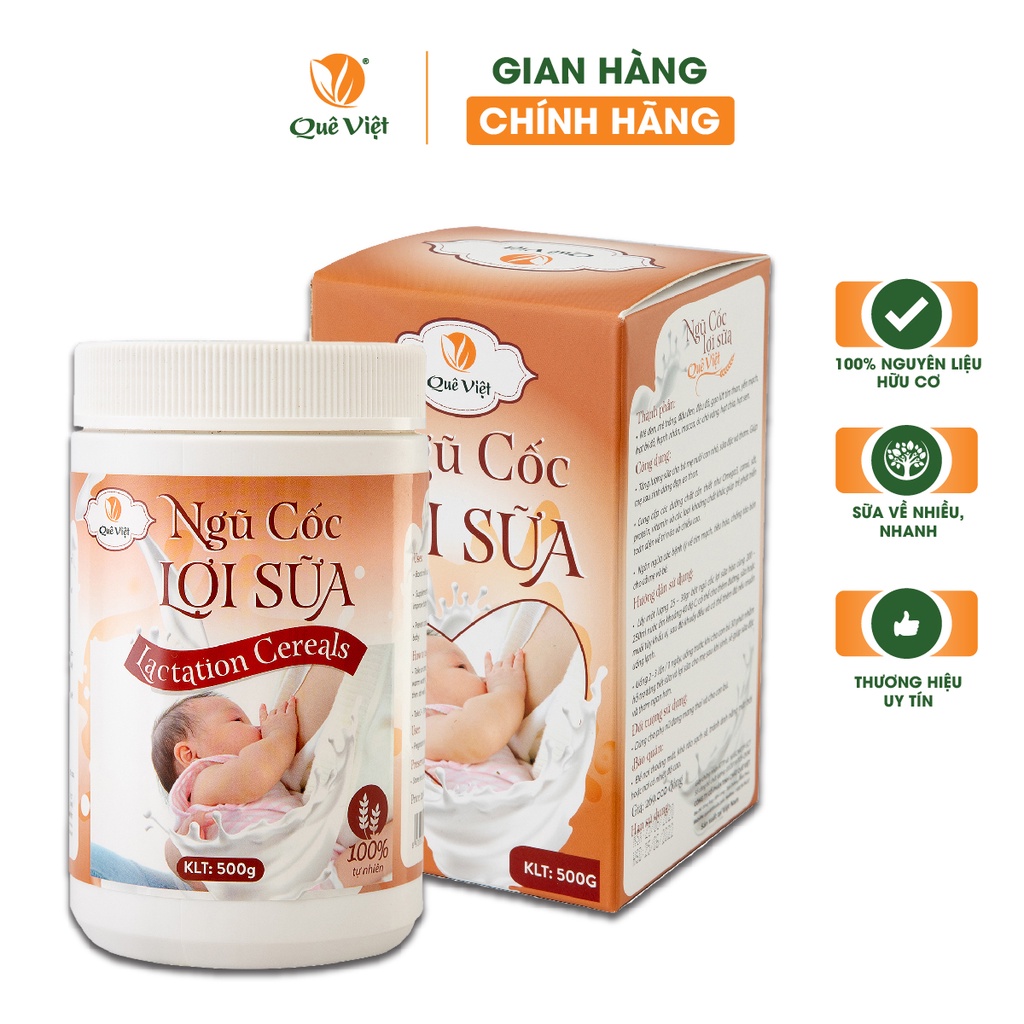 Ngũ cốc lợi sữa Quê Việt 100% nguyên liệu hữu cơ, sữa về nhiều, nhanh, bổ sung dinh dưỡng cho bé 500gr