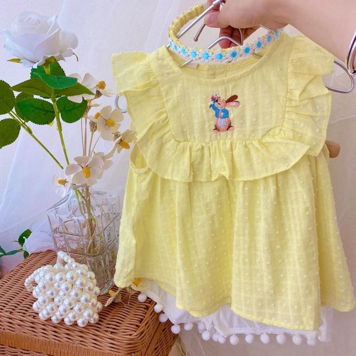 Bộ 2 Món Áo Và Váy Sát Nách Thêu Họa Tiết Hoạt Hình Phong Cách Hàn Quốc Nhật Bản Cho Bé Gái