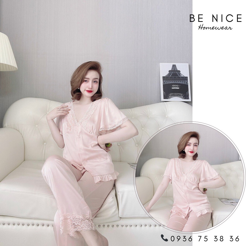 Bộ lụa dài mặc nhà trơn phối ren nhiều màu xinh xắn cho nàng nhà Be Nice Homewear