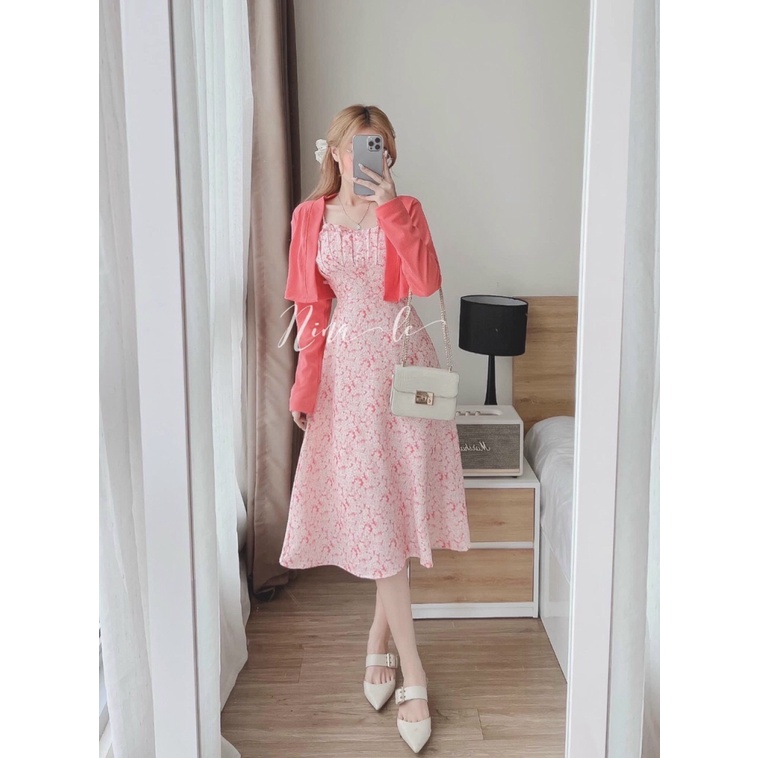 SÉT ĐẦM LỤA HOA PHỐI ÁO KHOÁC GÂN DÁNG LỬNG CỰC XINH TÔN DÁNG TIỂU THƯ